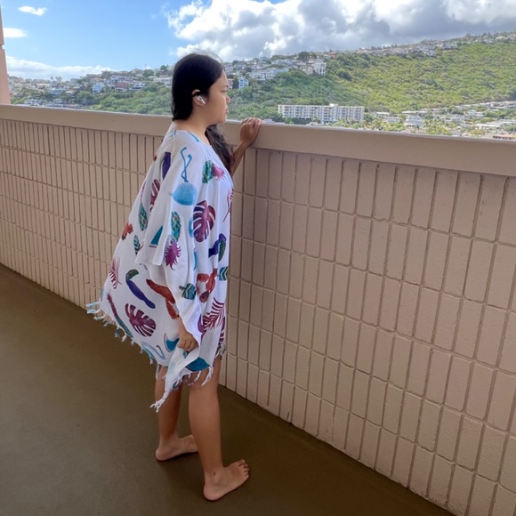 Beach Cover up, Natural Pattern Poncho With Fringe , Swimming Cover Up - Picture 3 of 11